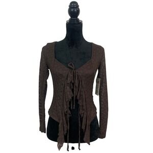 Good Days Project Women's XS Brown Lace Ruffle Tie Front Top‎ Sheer Long Sleeves
